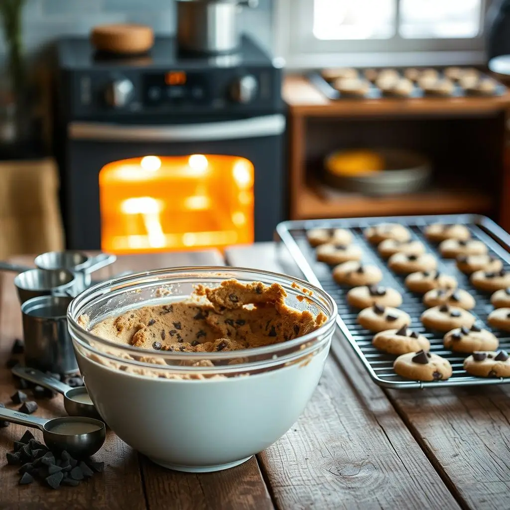 A mixing bowl filled with soft Chick-fil-A cookie dough, with chocolate chunks folded in.