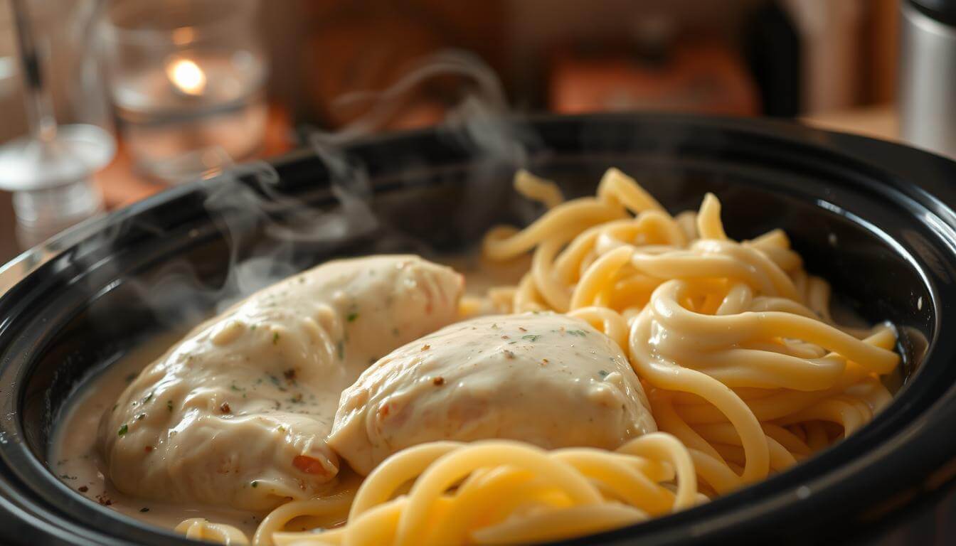 A serving of slow cooker chicken Alfredo garnished with fresh parsley and grated Parmesan.