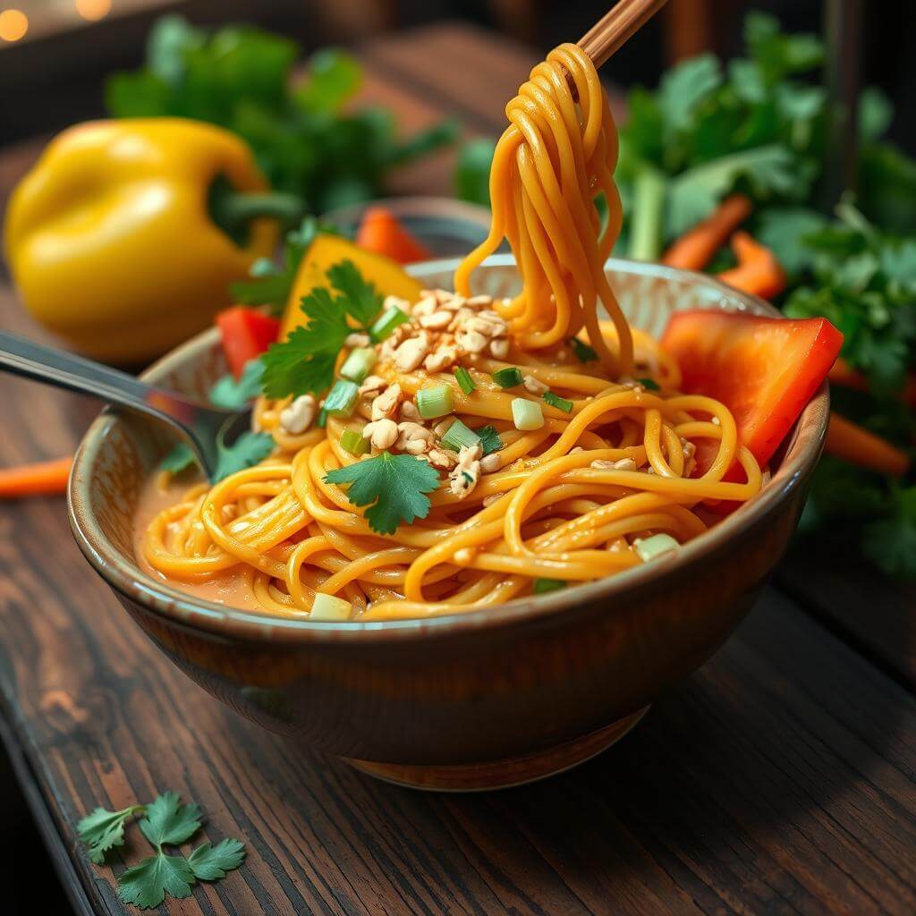 A bowl of spicy peanut noodles garnished with crushed peanuts, chili flakes, and green onions, served with chopsticks.