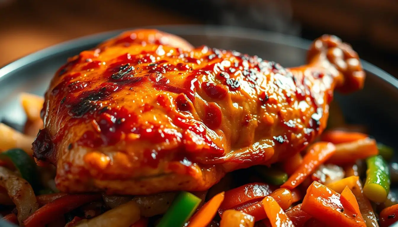 Sweet and spicy chicken served on a white plate with steamed rice and garnished with green onions