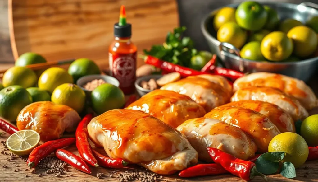 Close-up of tender chicken pieces glazed in a sticky sweet and spicy sauce, topped with sesame seeds