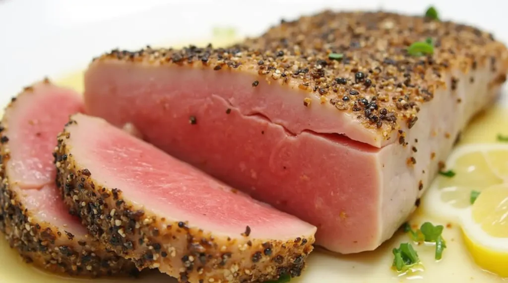 Seared Ahi Tuna Recipe – Thinly sliced, perfectly seared ahi tuna with sesame seeds and dipping sauce.