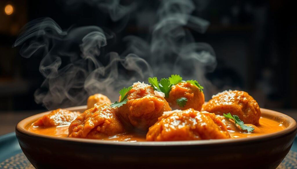 Chicken pieces simmering in a pan with onions, garlic, ginger, and a blend of Indian spices for Chicken Pathia