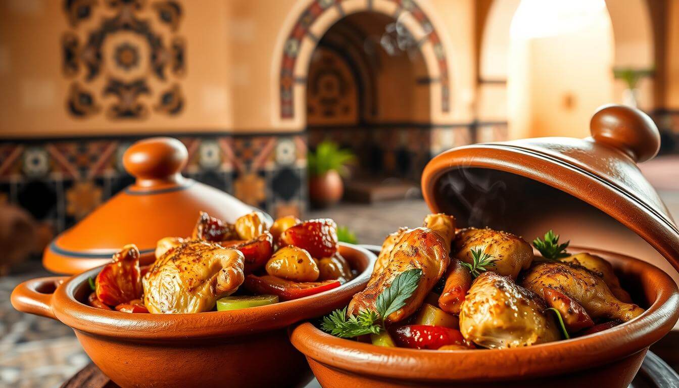 Finished Moroccan chicken tagine served in a traditional dish with couscous and fresh herbs.