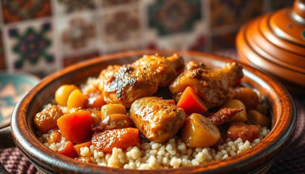 Moroccan chicken tagine simmering with preserved lemons, green olives, and a rich sauce.