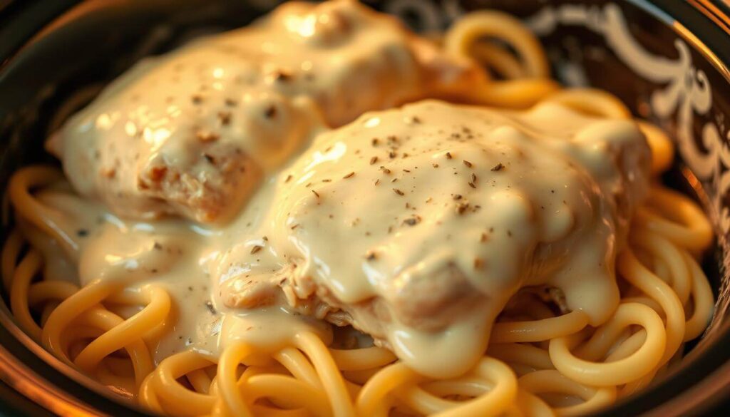 Juicy chicken breasts cooking with creamy Alfredo sauce in a slow cooker.