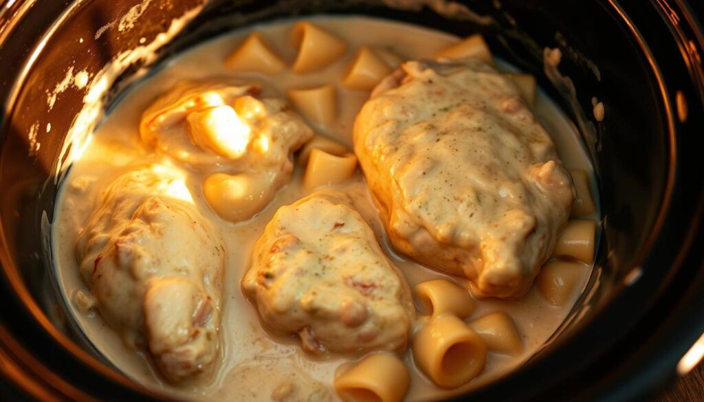  Fettuccine pasta being mixed with creamy Alfredo sauce and tender chicken.