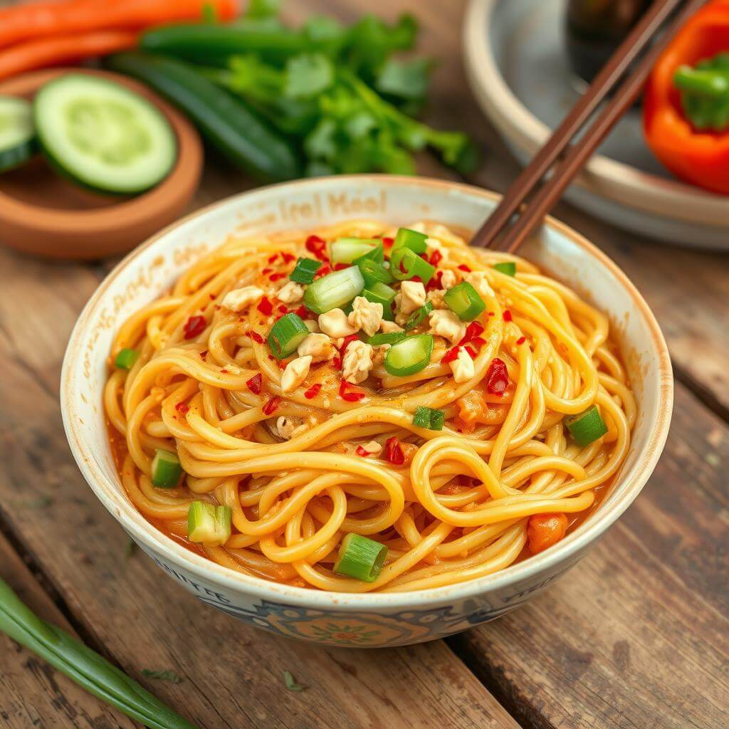 Noodles being tossed in a creamy, spicy peanut sauce inside a wok, with steam rising