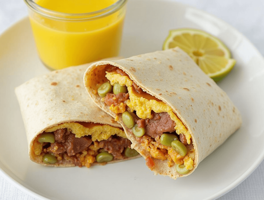 Toasting a wrapped breakfast burrito in a skillet.