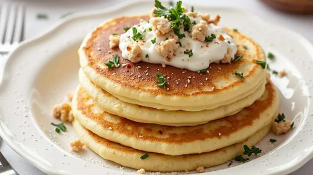 Fluffy ricotta pancakes topped with fresh berries, whipped cream, and a drizzle of maple syrup.