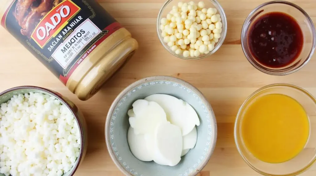 A top-down view of fresh ingredients for making the perfect Sloppy Otto, including bratwurst, pretzel buns, mustard, sauerkraut, onions, and seasonings, neatly arranged on a rustic wooden surface.