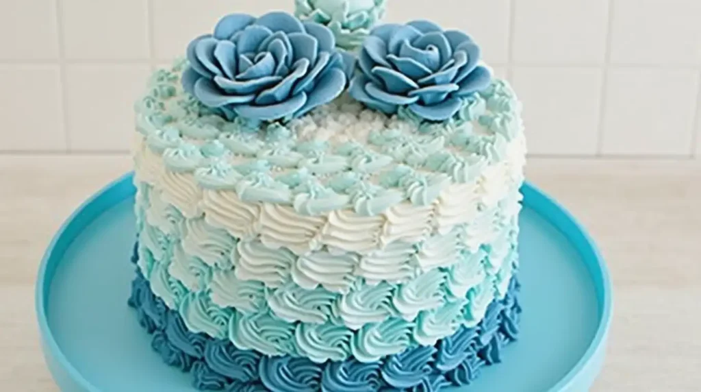 A beautifully decorated Bluey-themed cake with vibrant blue and yellow icing, fondant details, and edible decorations, placed on a cake stand with sprinkles around it.