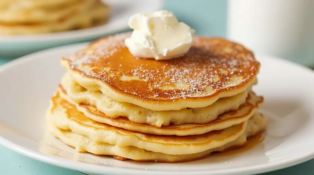 Fluffy ricotta pancakes stacked on a plate, topped with fresh berries and syrup.