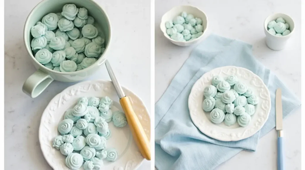 A collection of essential cake decorating tools, including piping bags, fondant rollers, food coloring gels, and Bluey-themed cake toppers, arranged neatly on a baking countertop.