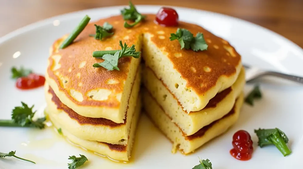 Savory ricotta pancakes topped with smoked salmon, avocado, and a sprinkle of fresh herbs