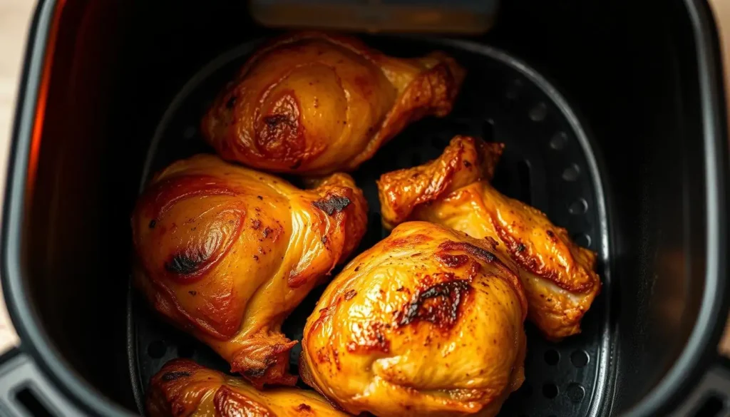 Golden-brown air fryer chicken pieces arranged on a serving platter.