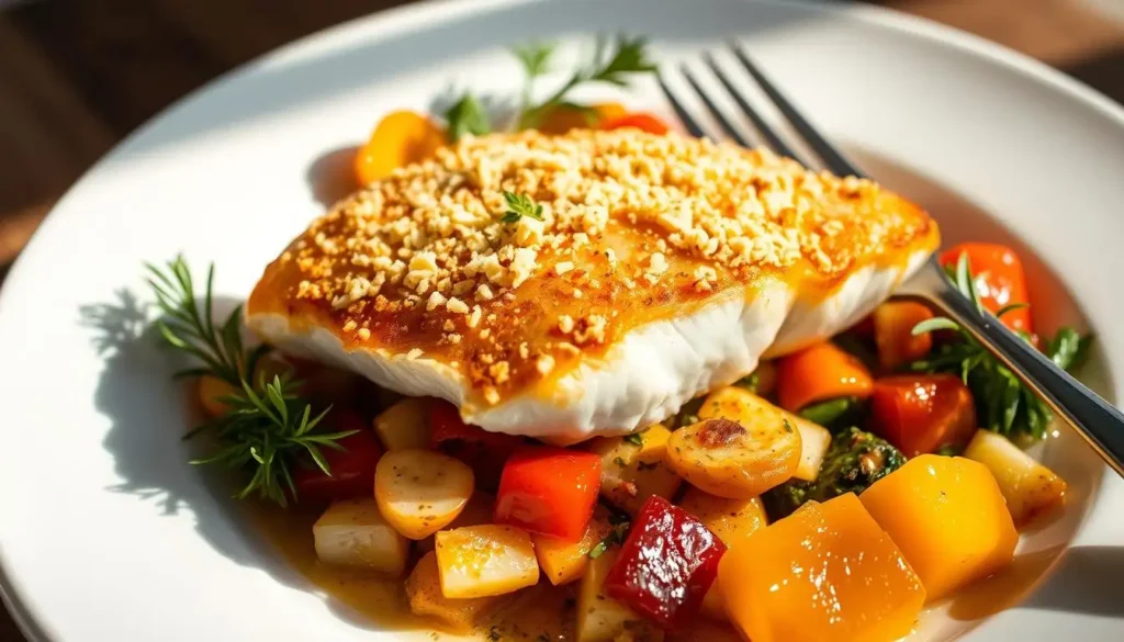 Healthy Parmesan Garlic Crumbed Fish fillets with lemon and herbs on a baking tray, showcasing an easy baked fish recipe