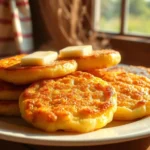 Golden-brown hoe cakes stacked on a white plate, drizzled with maple syrup and topped with a pat of melting butter.