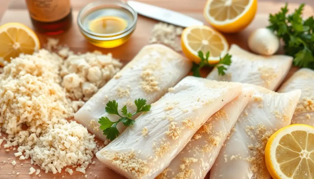 Healthy Parmesan Garlic Crumbed Fish fillets with lemon and herbs on a baking tray, showcasing an easy baked fish recipe