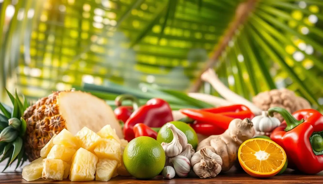 tropical marinade ingredients A selection of fresh herbs, spices, and condiments arranged on a wooden surface, showcasing essential ingredients for a marinade