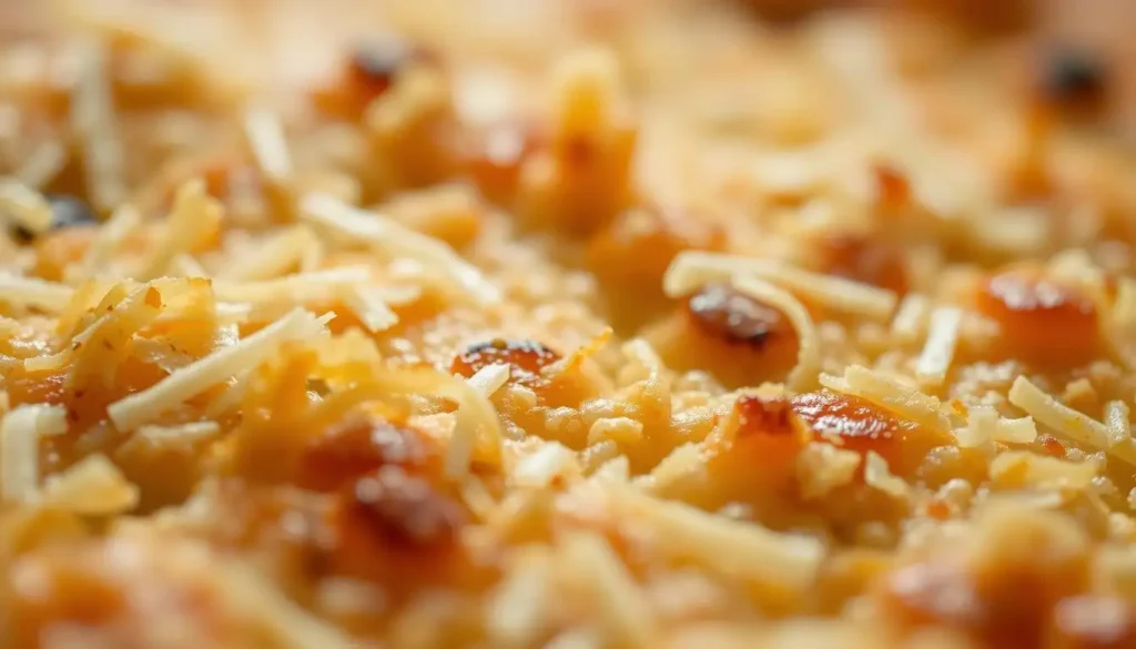 Close-up of a golden-baked Parmesan crust topped with a variety of melted cheeses and savory toppings.