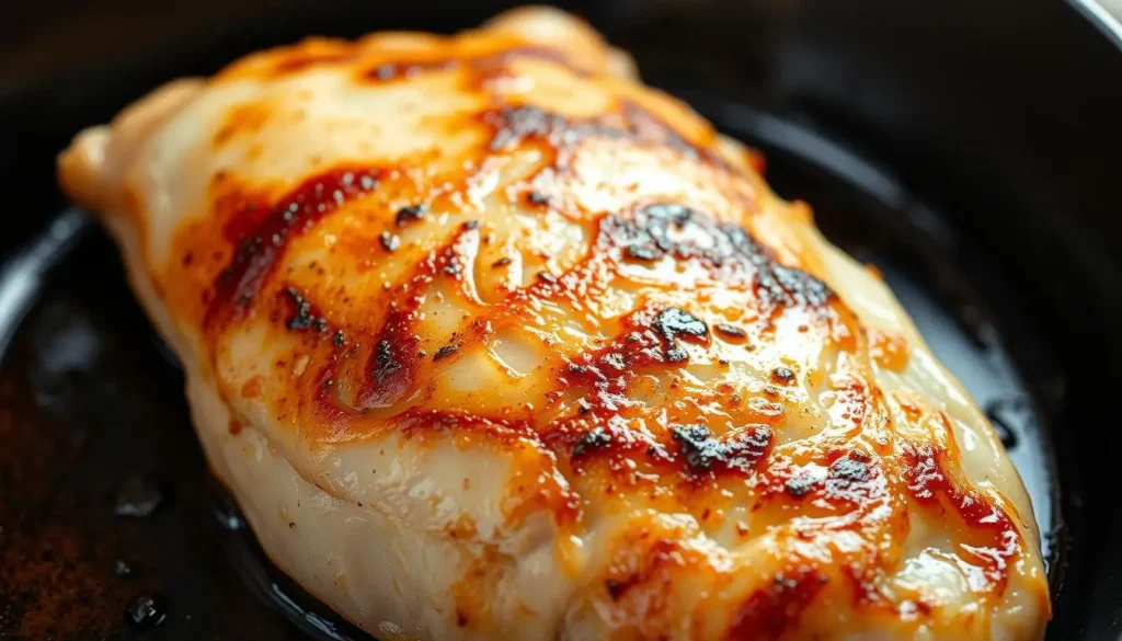 Skillet-seared chicken breast with golden-brown crispy edges in a cast iron pan