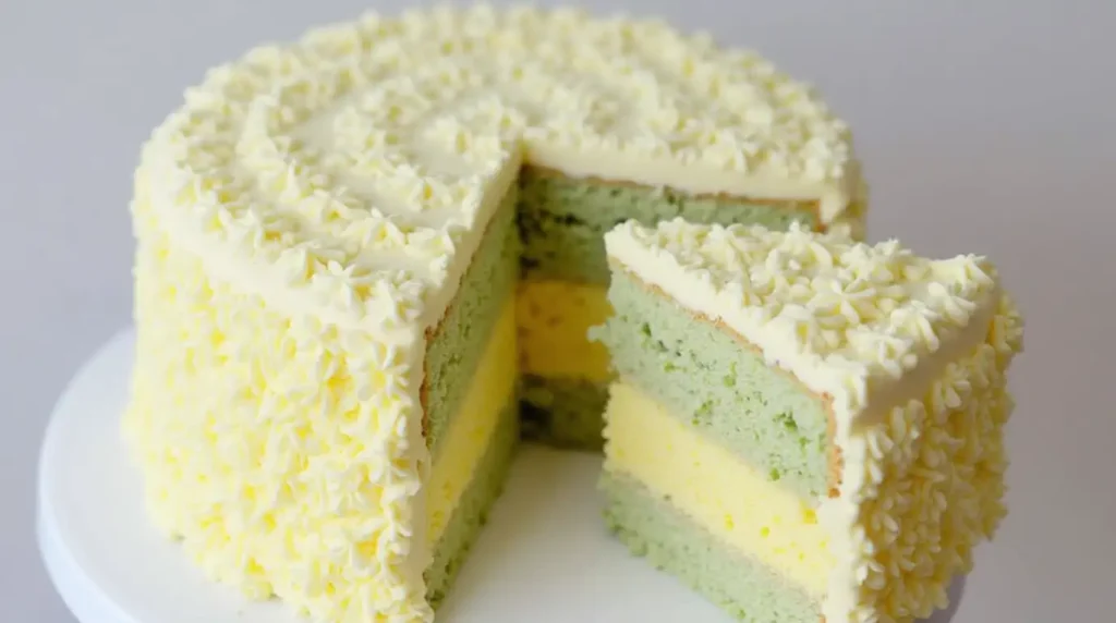 Cross-section of Swedish Princess Cake showing airy sponge, silky custard, whipped cream, and green marzipan layers highlighting its unique texture.