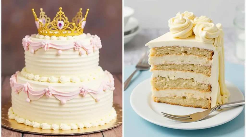 Side-by-side comparison of a Swedish Princess Cake with green marzipan dome and a classic layered cake with buttercream frosting, highlighting structural differences.