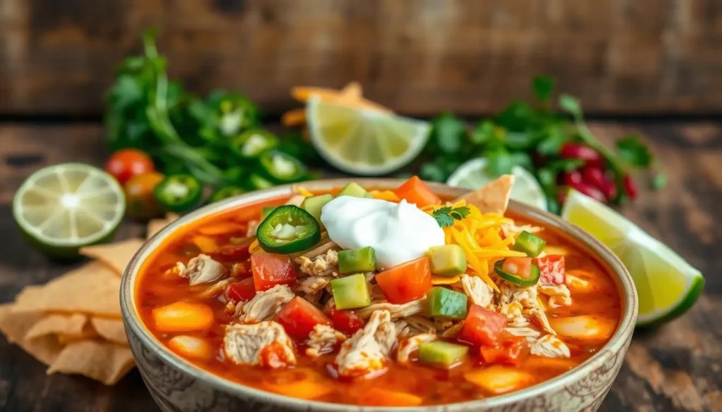 Bowl of Taco Soup Frios topped with sour cream, shredded cheese, and fresh herbs surrounded by vibrant ingredients like corn, beans, and tomatoes