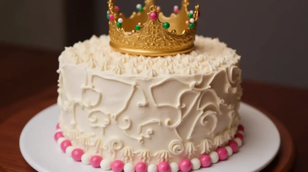 A vintage illustration of Swedish Princess Cake (Prinsesstårta) with green marzipan, layered sponge, custard, and cream, showcasing its royal history.