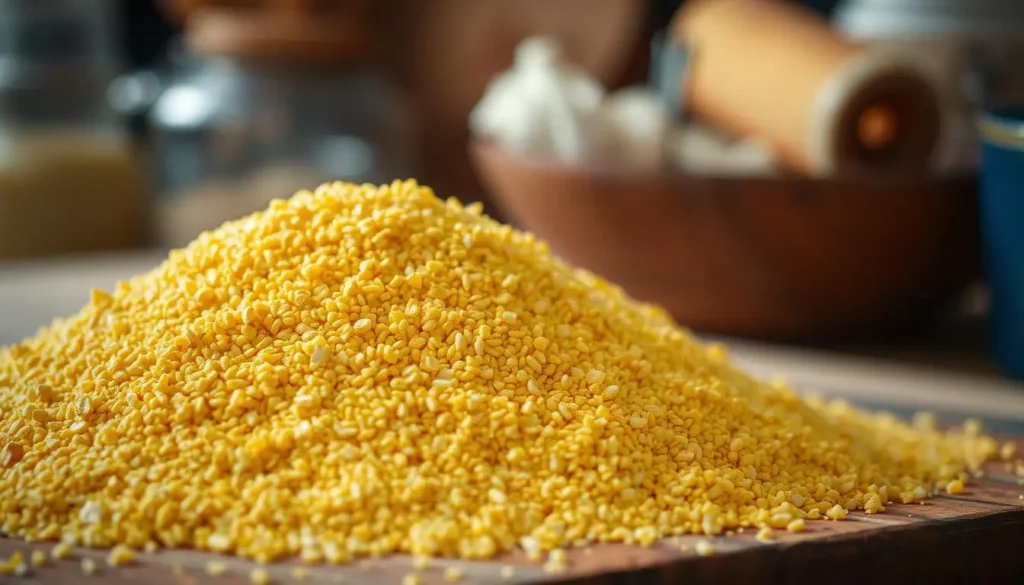 A bowl of yellow cornmeal on a rustic wooden surface, accompanied by a wooden spoon.