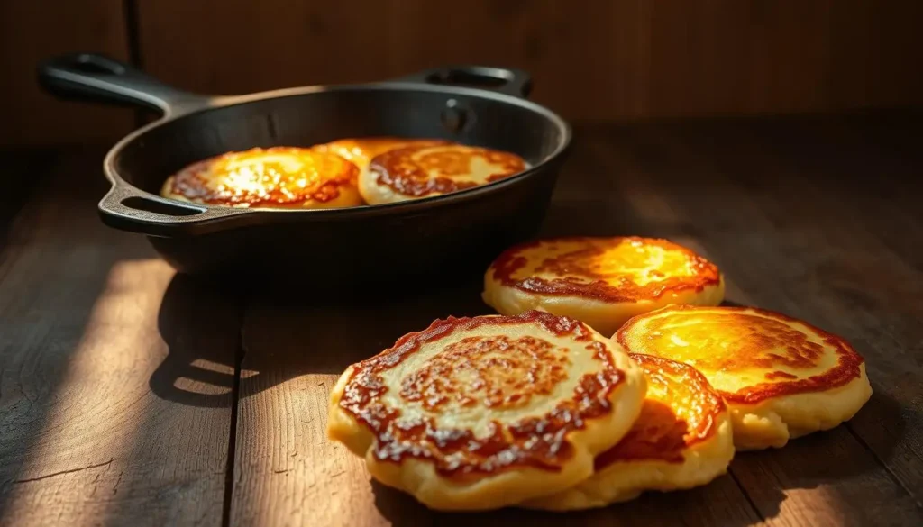 Golden hoe cakes sizzling in a cast iron skillet, showcasing their crispy edges and fluffy centers.