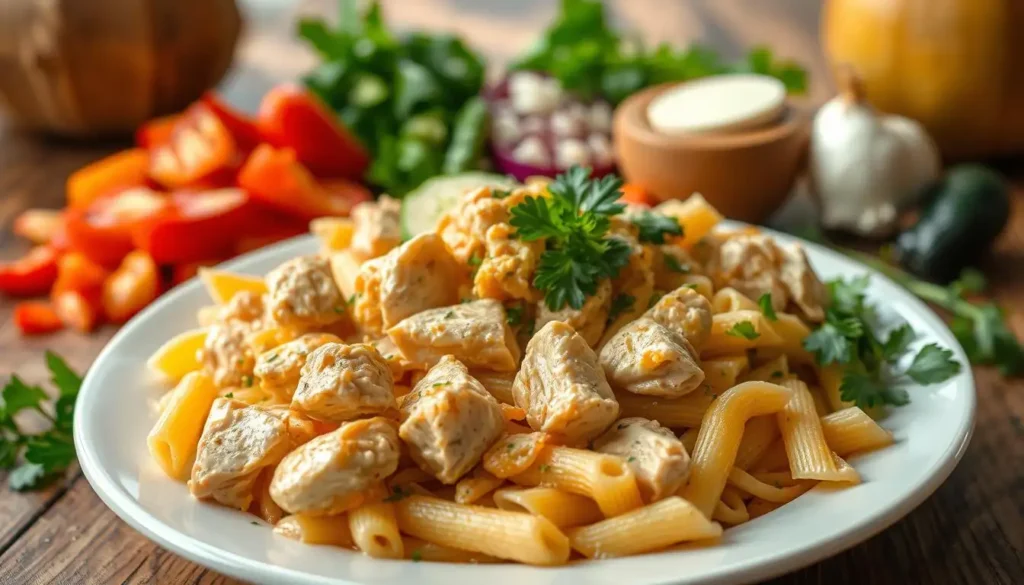 Creamy garlic parmesan chicken pasta served in a white bowl, garnished with parsley and grated cheese