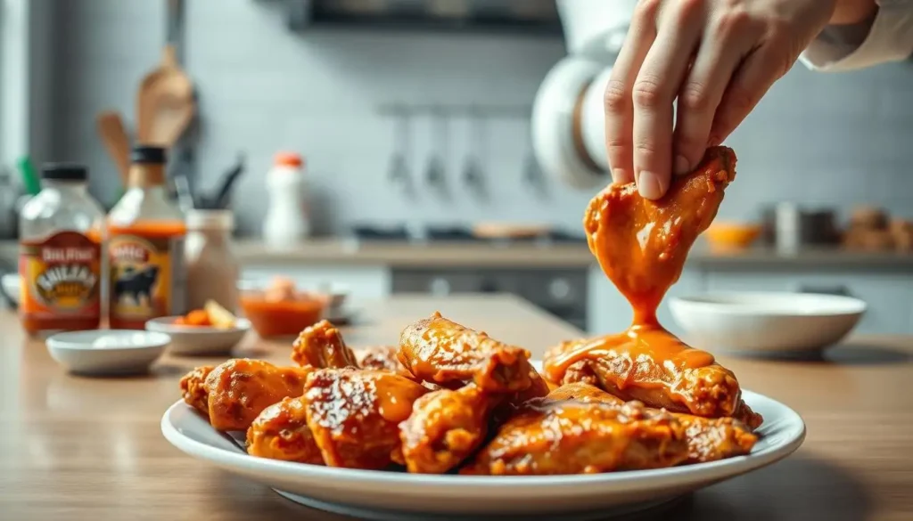 Close-up of garlic parmesan chicken wings being tossed in sauce using a copycat Buffalo Wild Wings recipe technique