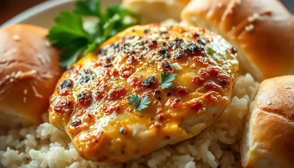 Creamy garlic parmesan chicken served in a skillet with fresh herbs and grated parmesan