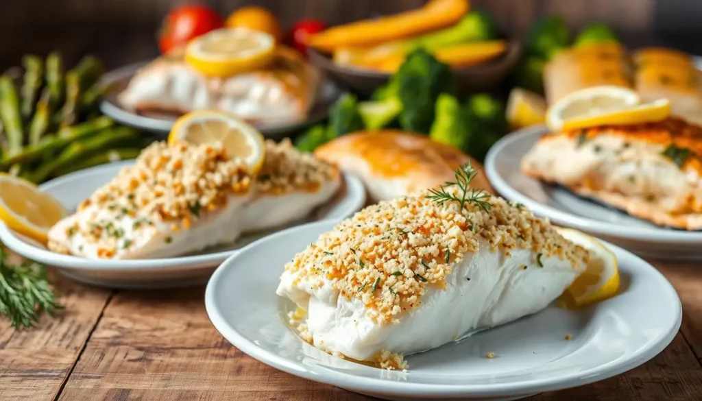 Healthy Parmesan Garlic Crumbed Fish fillets with lemon and herbs on a baking tray, showcasing an easy baked fish recipe