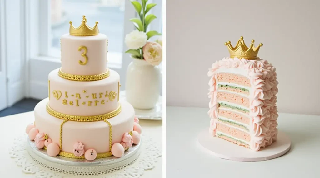 Mini princess cakes decorated with pastel fondant, gold accents, and edible pearls on a dessert table