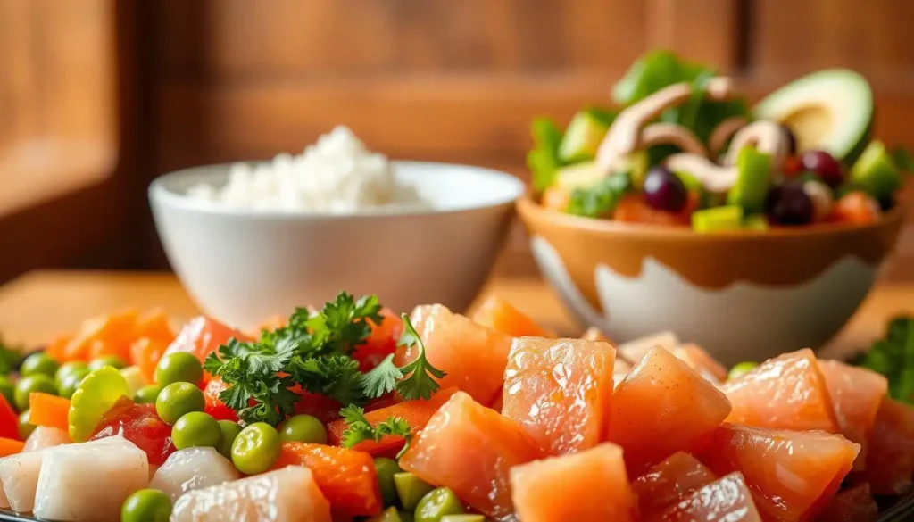 Traditional and modern poke bowls featuring fresh ingredients, vibrant toppings, and diverse presentation styles.