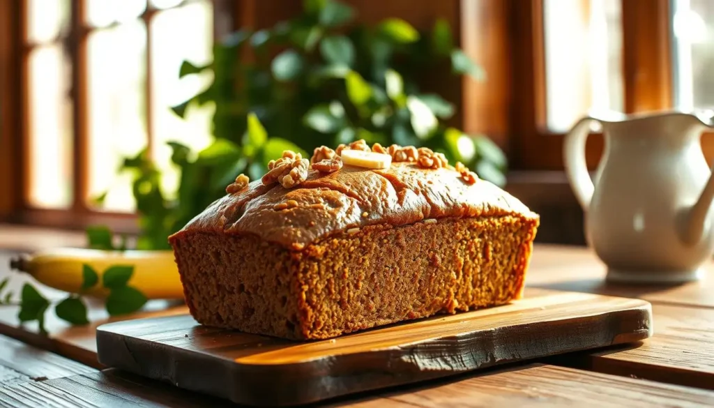 Freshly baked vegan banana bread sliced on a wooden board, showcasing its moist, fluffy texture