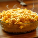 Creamy baked mac and cheese in a casserole dish topped with golden brown breadcrumbs.