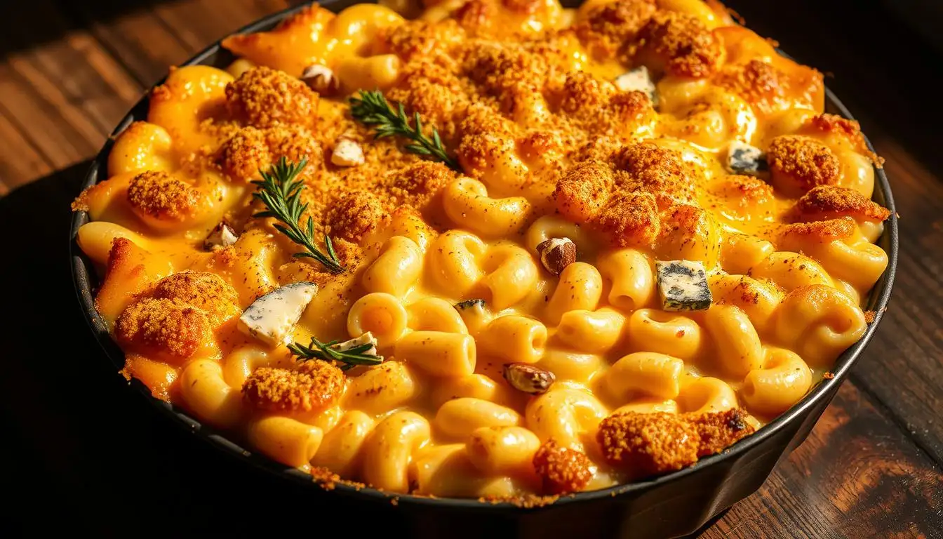 Golden baked mac and cheese with a crispy cheese crust in a white baking dish