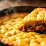 Cornbread-topped chili pie in a cast-iron skillet, bursting with spicy beef chili and golden cornbread crust