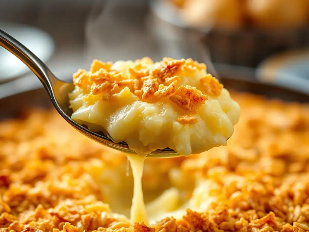 Golden cheesy funeral potatoes topped with crispy cornflakes in a white casserole dish.
