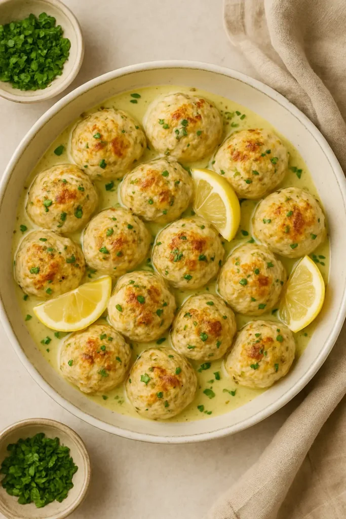Lemon chicken ricotta meatballs cooking in a skillet until golden brown.
