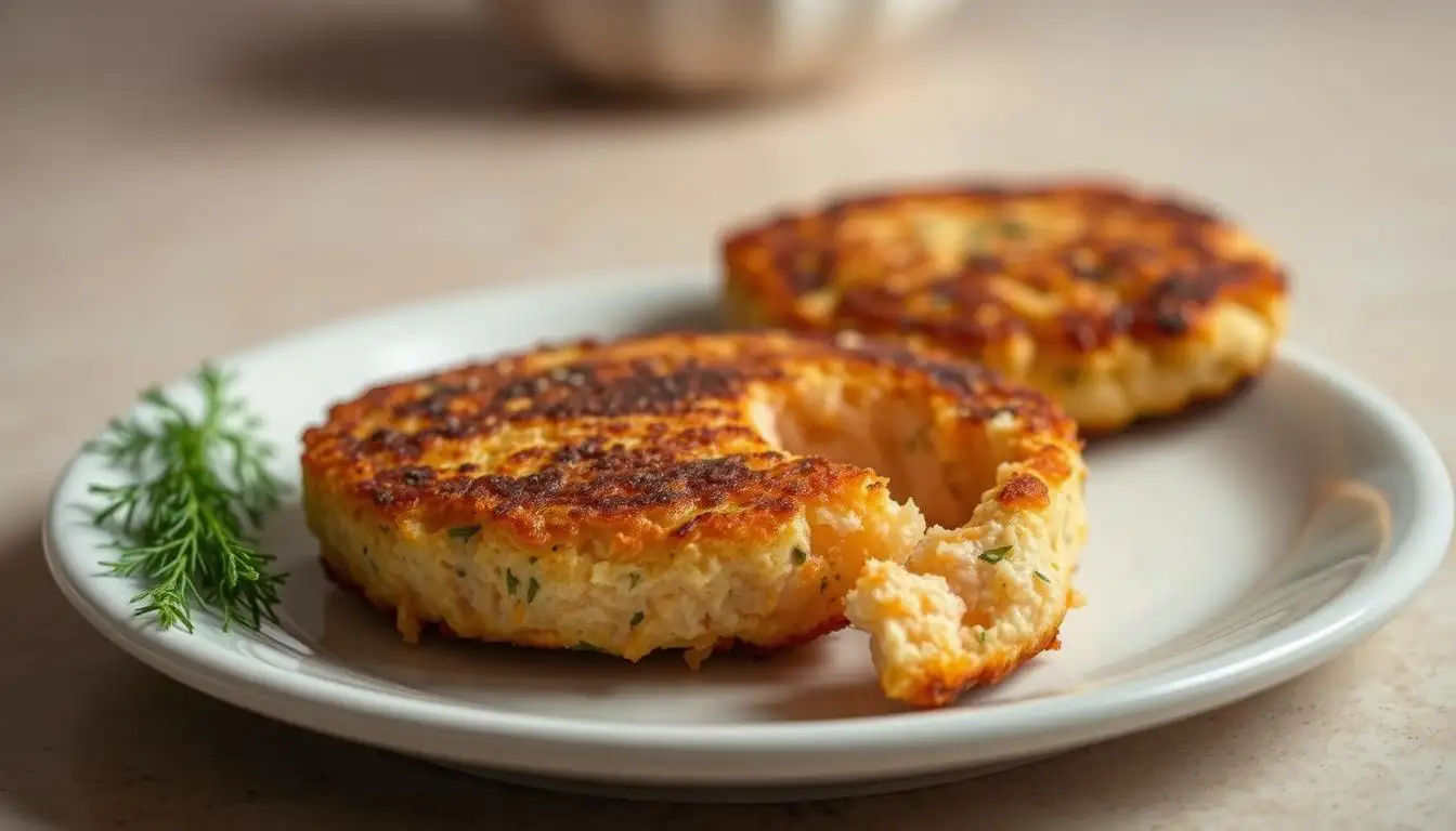Pan-fried, baked, and air-fried salmon cakes on a serving platter