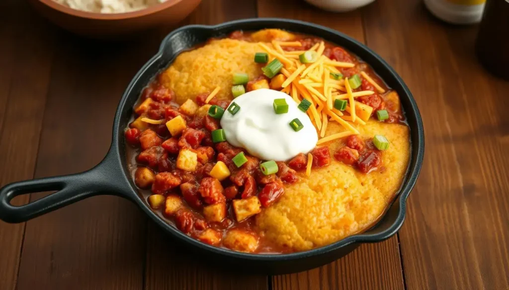Flat lay of cornbread topped chile madness ingredients, including chili mix, shredded cheese, sweet corn, spices, and golden cornbread batter, displayed on a rustic surface.