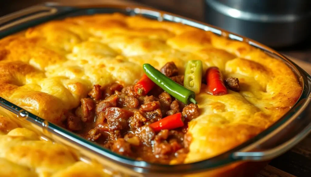 Chili pie casserole served with sour cream, avocado slices, and cornbread on a rustic plate