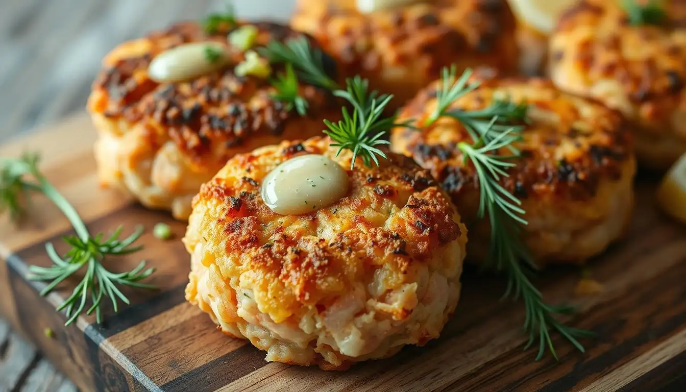 Crispy homemade salmon cakes served with lemon wedges and dipping sauce