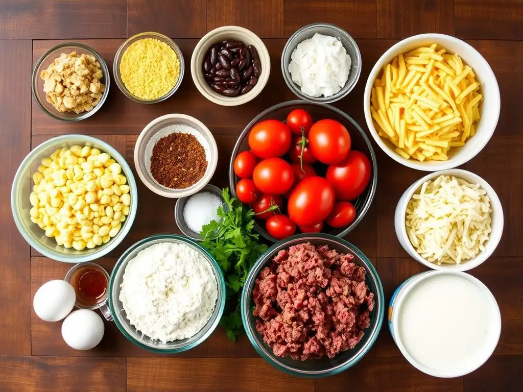 "Essential tools and fresh ingredients for making Chile Madness Cornbread-Topped Chili Pie on a kitchen counter