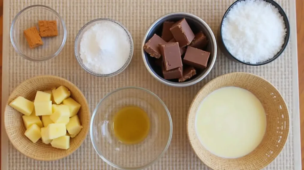 Ingredients for Homemade Twix Bars including butter, flour, sugar, sweetened condensed milk, and chocolate chips on a kitchen counter.